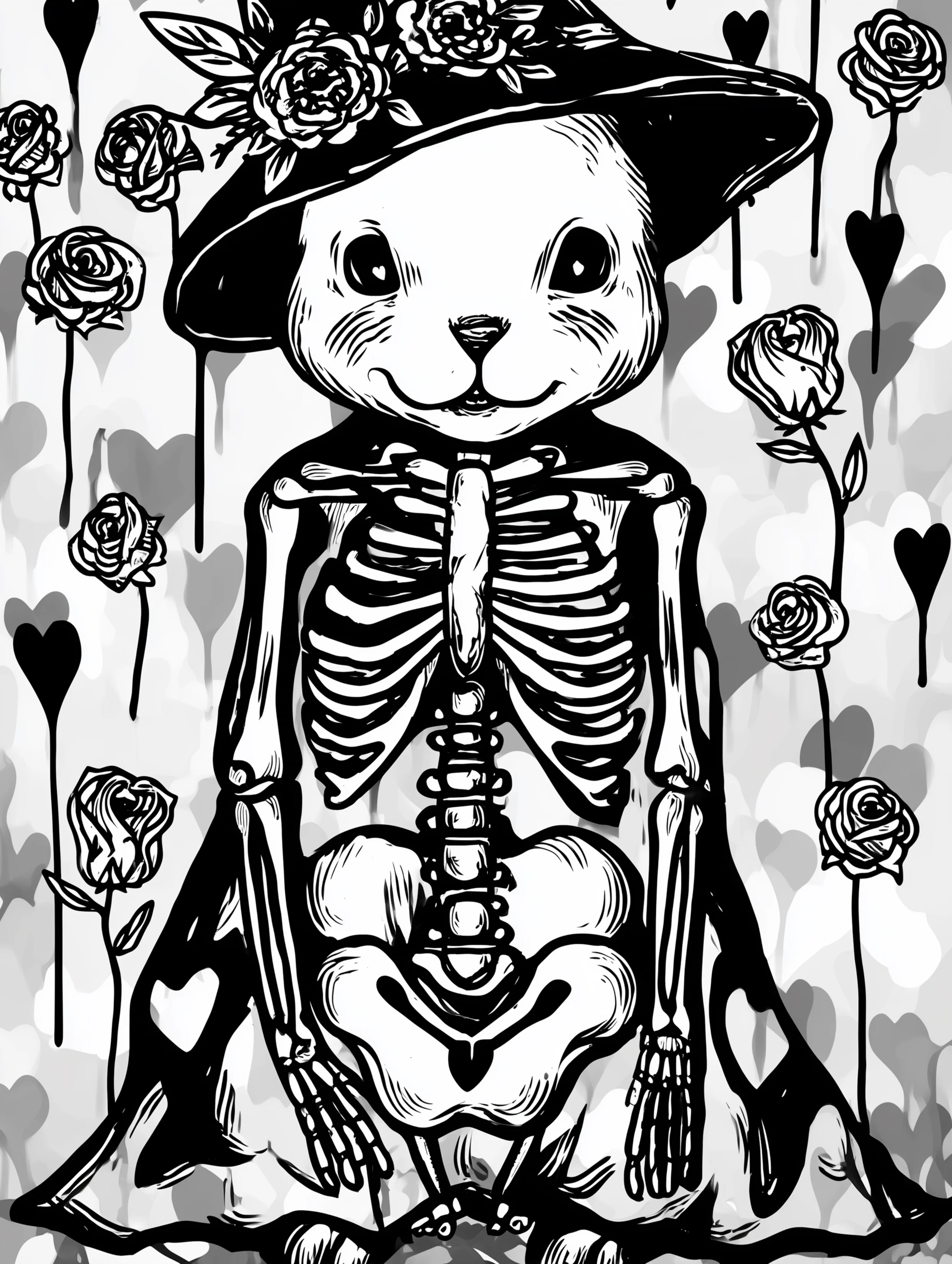 Free printable rabbit coloring page for adults featuring a skeleton bunny witch